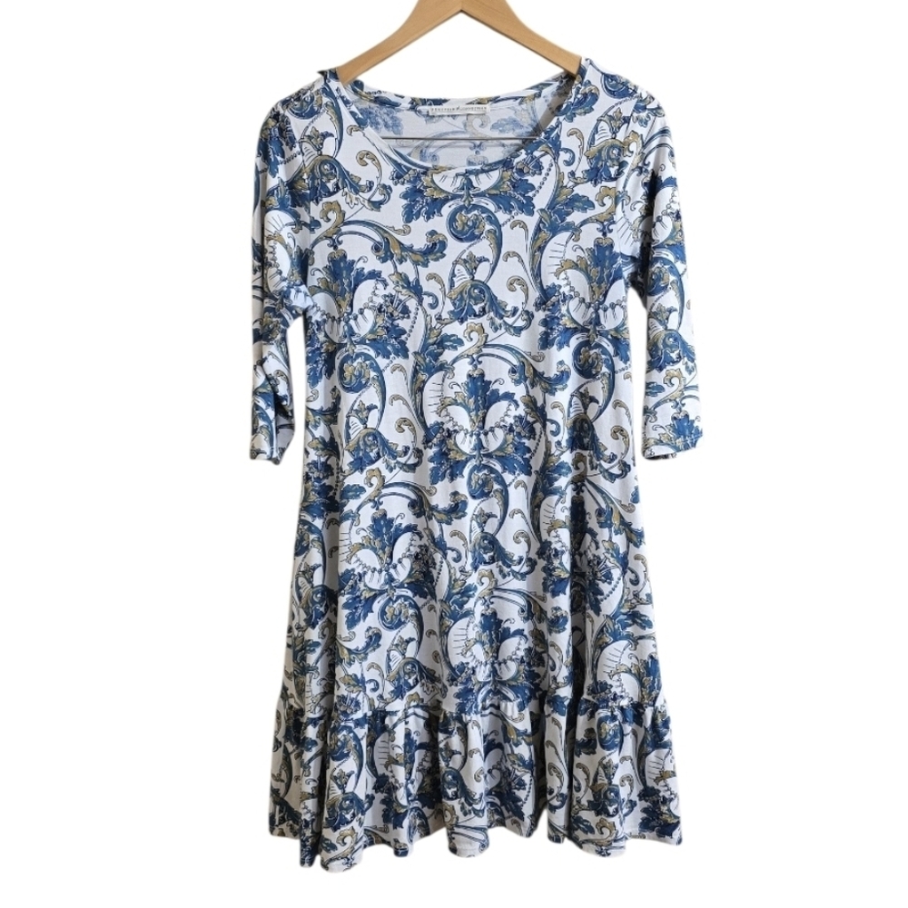 Peruvian Connection Blue & White Paisley Half Sleeve Ruffle Dress. Size Small